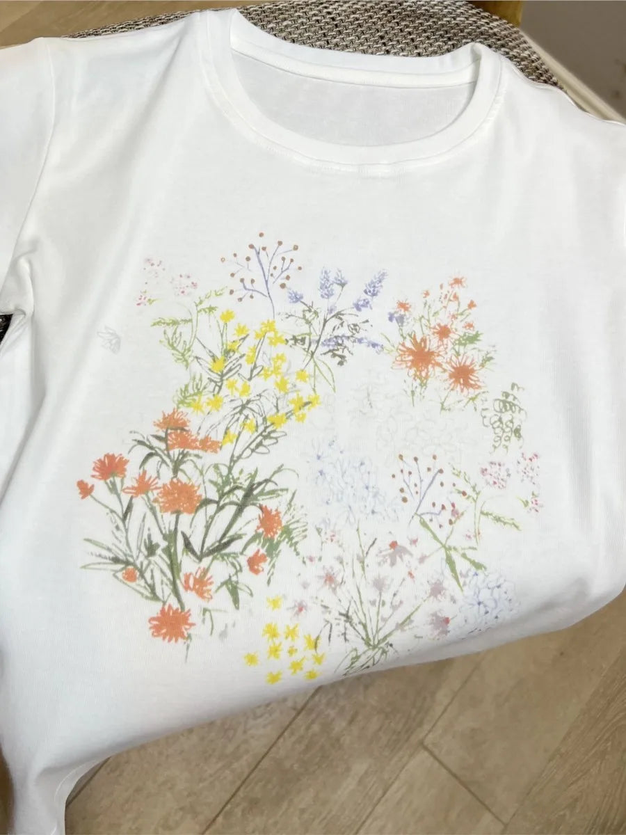 Plant Flowers Print Slim Short Sleeve Summer New Korean Fashion O Neck T-shirts For Women Casual Simple Chic Tops Tee Shirt