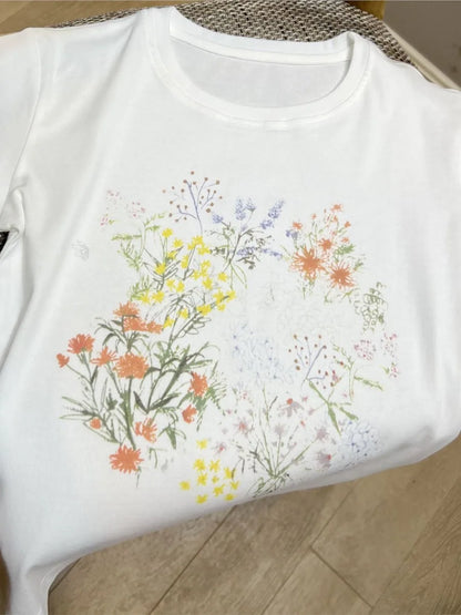 Plant Flowers Print Slim Short Sleeve Summer New Korean Fashion O Neck T-shirts For Women Casual Simple Chic Tops Tee Shirt