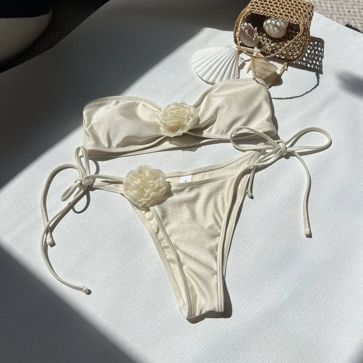 Summer Women Bikinis Strapless Brazilian Thong Biquini 3D Flower Solid Women Two Pieces Bathing Suit Swimsuit Beachwear