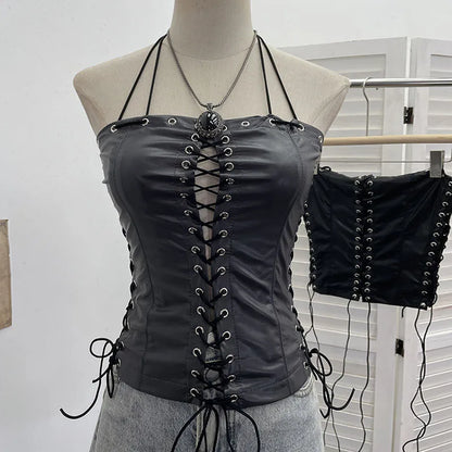 PU Leather Lace-Up Corset Top Slim Fit Spaghetti Strap Hollow Out Summer Gothic Women Camisole Versatile Seductive Lady Top