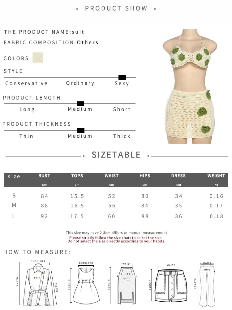 Sexy Crochet Applique 2 Piece Set Women Hollow See Through Halter Bra+Peach Hip Skirts Beach Vacation Matching Clubwear