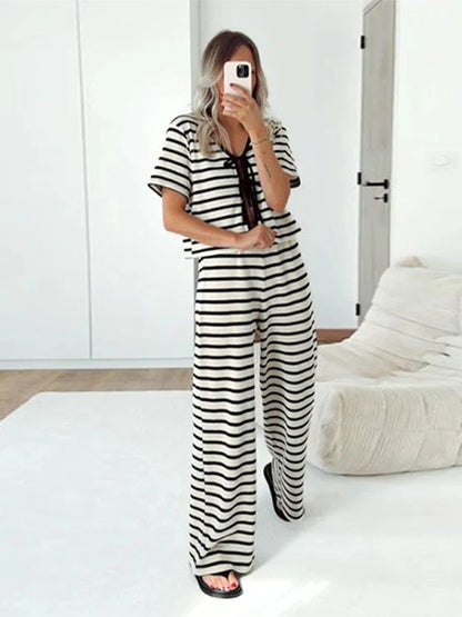 Casual Striped Lace Up Shirt Long Pant Set Women Versatile Loose Full Sleeve Open Shirts Wide Leg Pants Sets Female Chic Outfits