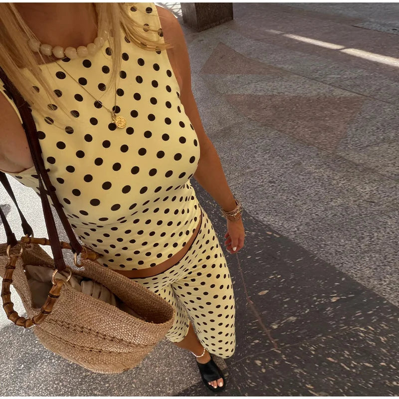 Polka Dot Open Back Sleeveless Top & Capri Pants Set High Waist Summer Fashion Retro Women Streetwear Casual Co-Ord Set