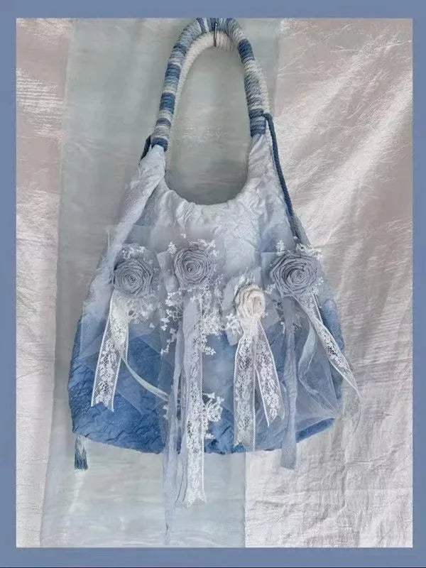 Blue Retro Satin Tie Dye Rose Pleated Shoulder Bag with Lace Fashion Women Chic Underarm Handbag