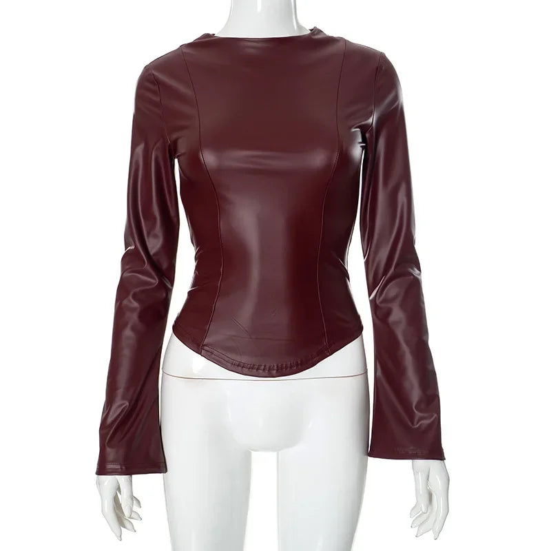 Solid Color Pu Leather Slim Fit Crop Top Autumn New Long Sleeve Crew Neck T Shirt Party Club Streetwear