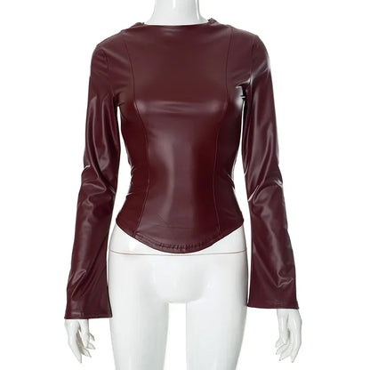 Solid Color Pu Leather Slim Fit Crop Top Autumn New Long Sleeve Crew Neck T Shirt Party Club Streetwear