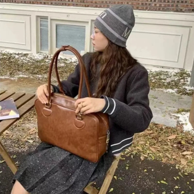 Japanese Retro Brown Tote Bag Women Ladies Waxed Leather Large Capacity Handbag Ladies Preppy Style Commuter Simple Shoulder Bag