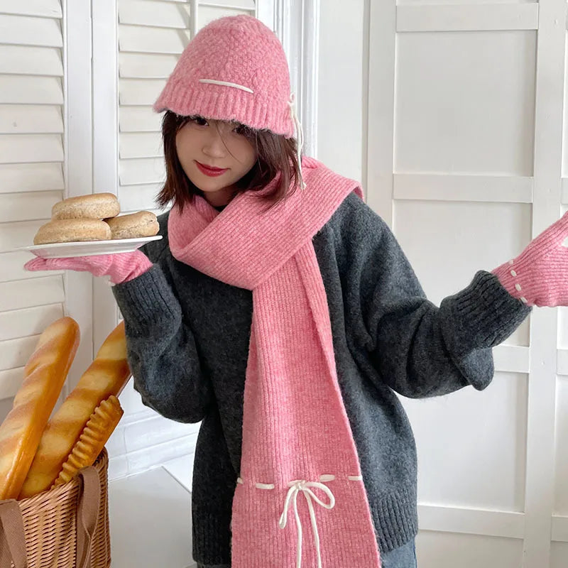 Knitted Scarf Gloves Caps Three Piece Set For Women&Men Winter Thicken Warm Bucket Hat Christmas Coldproof Hat Muffler Glove Set