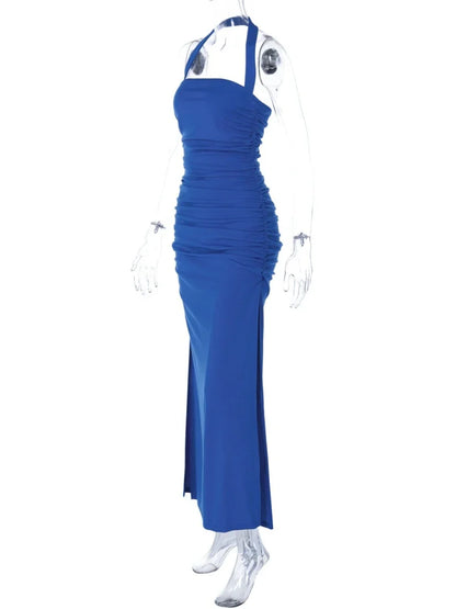 New Summer Women Dress Solid Color Halter Neck Sleeveless Backless Slim Ruched Side Split Elegant Party Long Dress