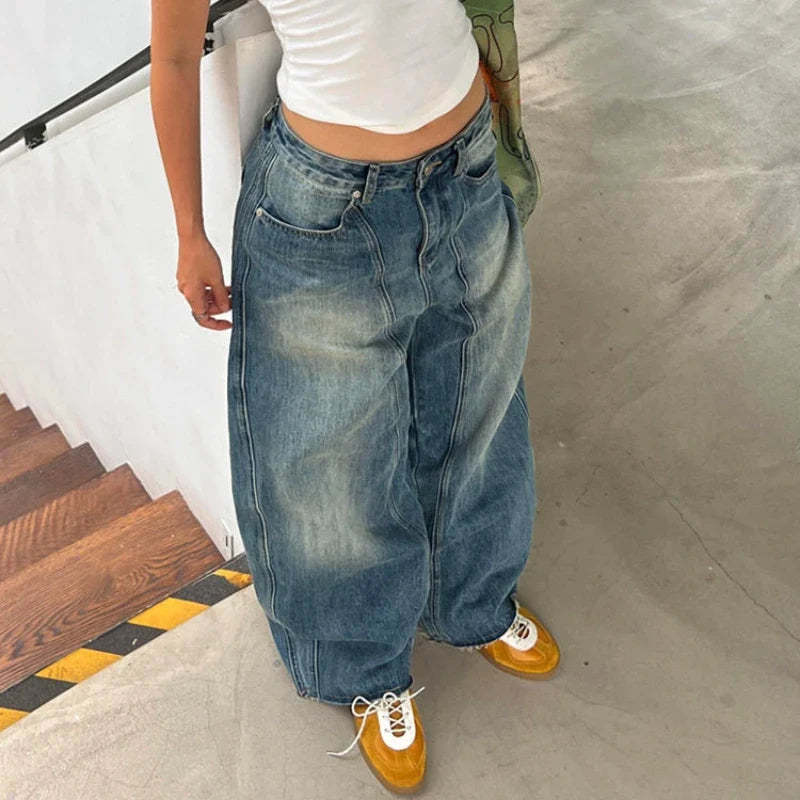 Vintage Oversized Blue Jeans Woman Y2k Casual America Retro Baggy Denim Pants Basic Harajuku Wide Leg Trousers Summer