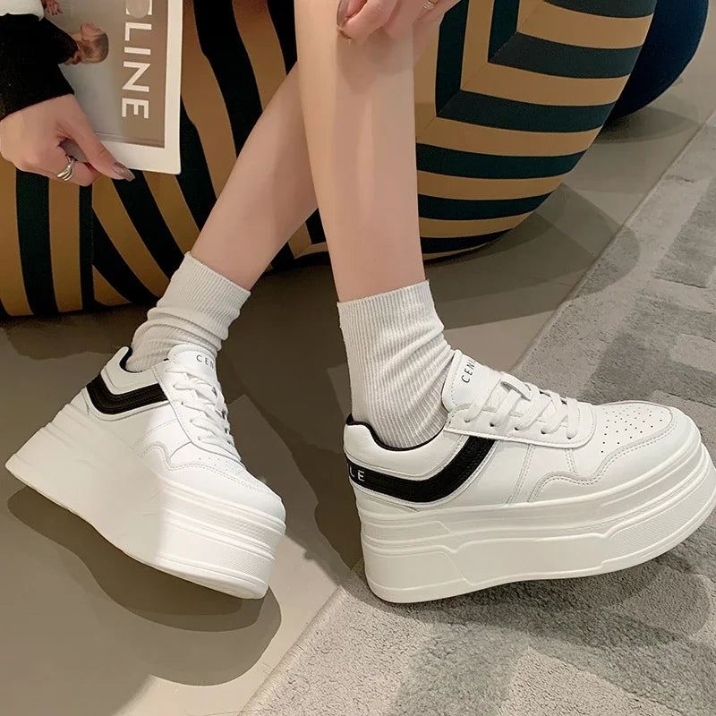 New Autumn Women High Platform Shoes 8CM Comfortable Chunky Sneakers Breathable Leather Wedges Casual Sport Dad Shoes Woman