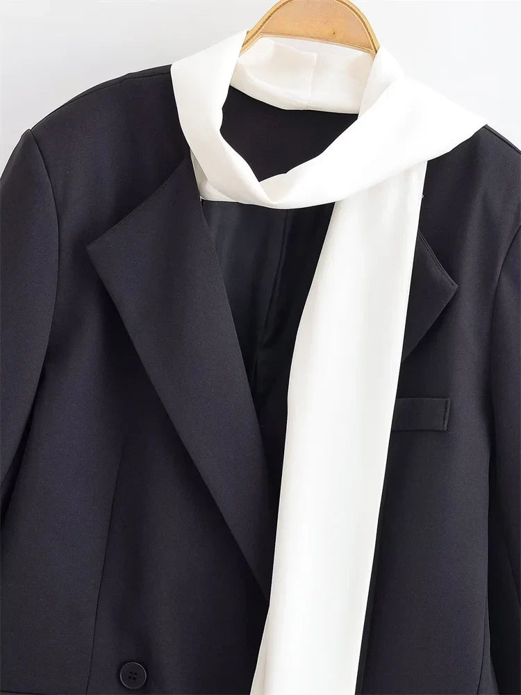 Fashion Scarf Blazers jacket Female Elegant Long Sleeve Patchwork Commute Pocket Outwear Women's Contrast Suit jacket 2026