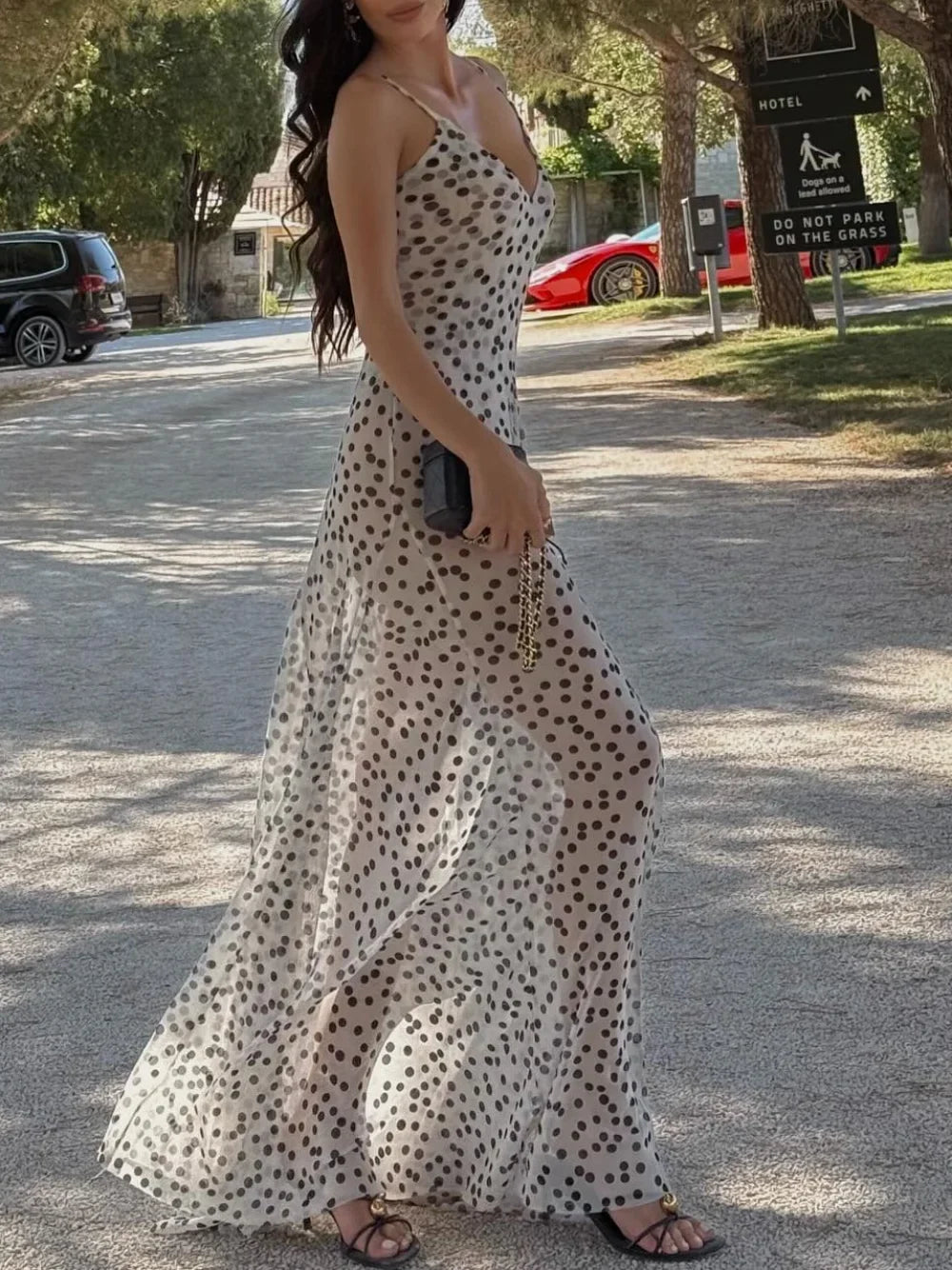 Women's Vintage Polka Dot Printed Midi Dress Summer Holiday Sleeveless Hem Transparent V-Neck Backless Casual Suspender Dress