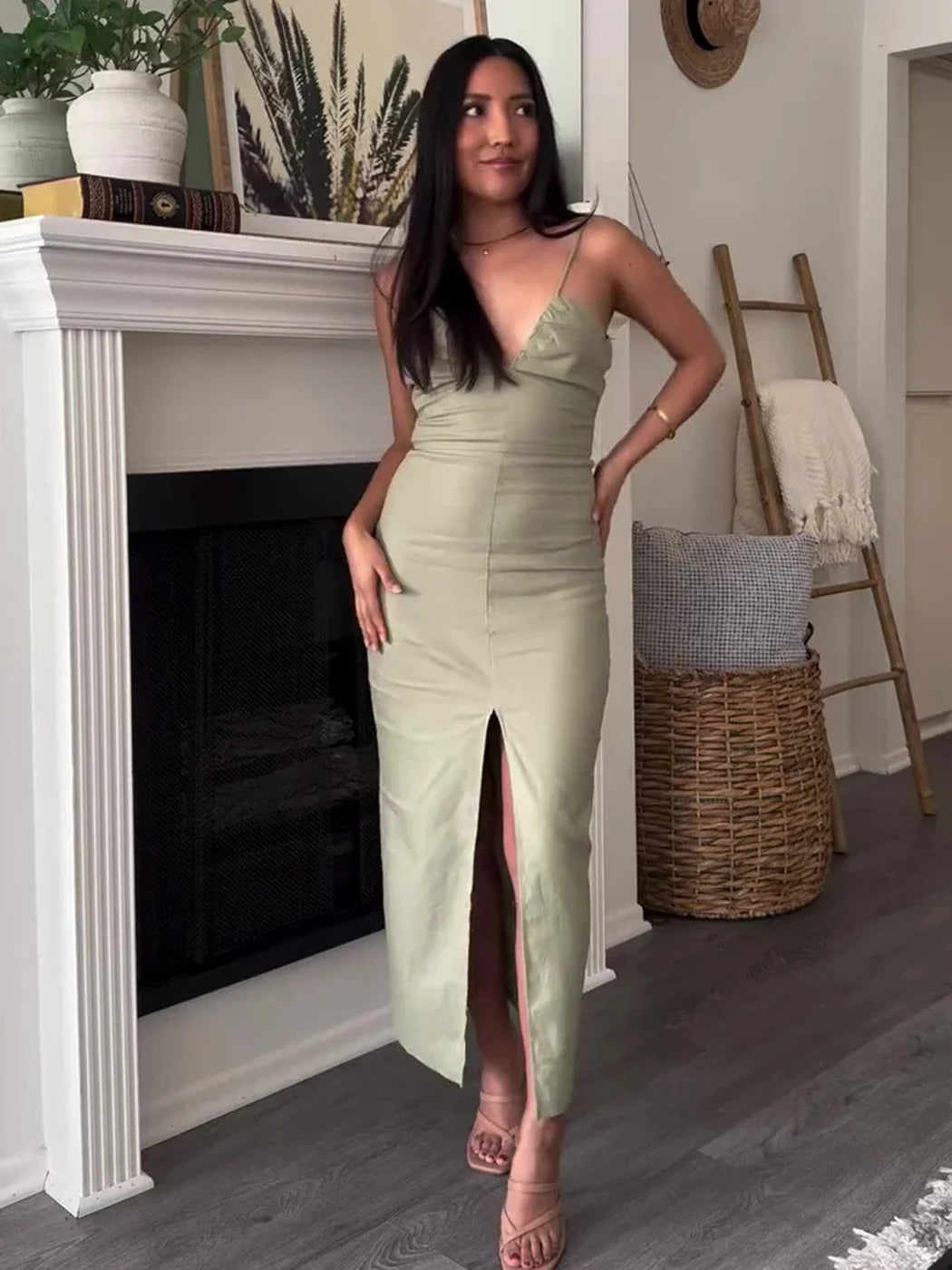 V-neck Green Slip Sexy Backless Dress For Summer Slim Slit Vacation Beach Long Dress Cotton Linen Blend Woman Clothing