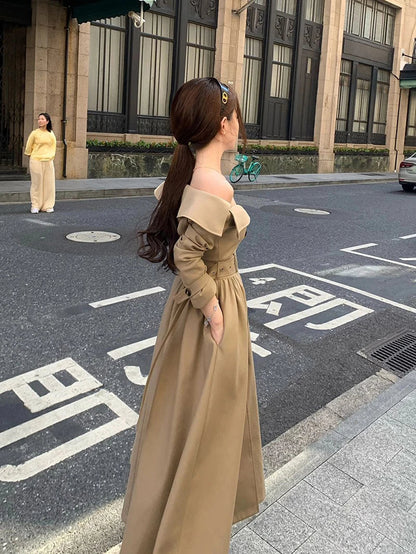 Long Trench Coat Women Streetwear Belt Sexy Off Shoulder Jackets Korean Double Breasted Outerwears Fall Winter Fashion Overcoat