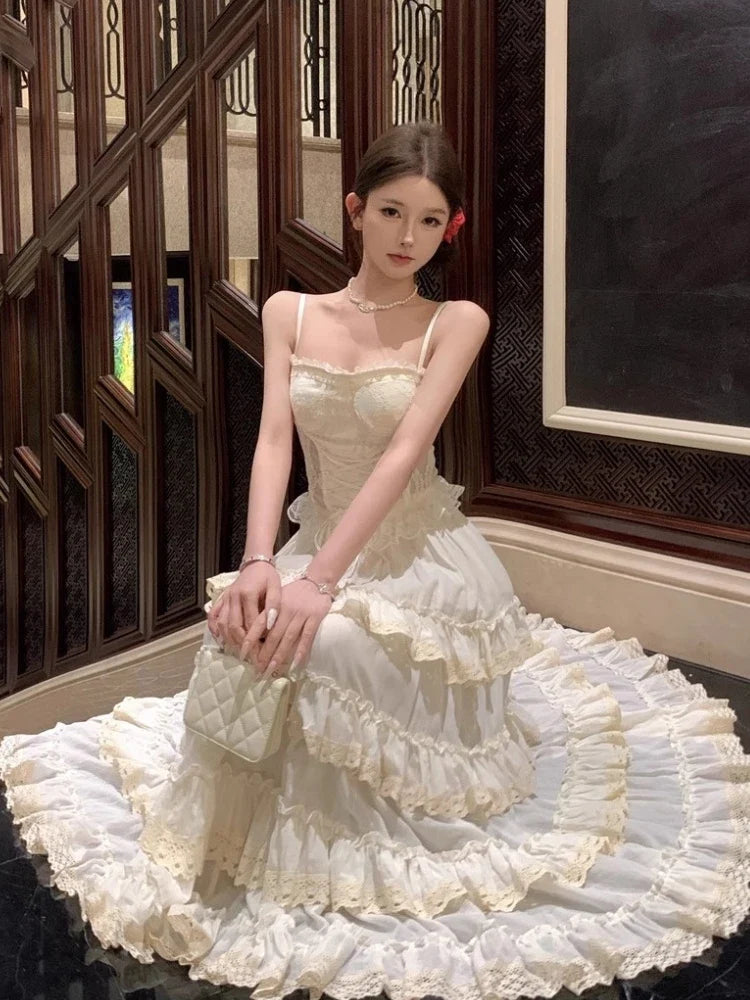 Midi Long Skirt Womens Lace Skirt 2024 Goth Lolita Spring Summer High Waisted High Low Layer Ruched Ruffle Pleated Skirts rok