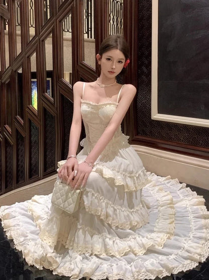 Midi Long Skirt Womens Lace Skirt 2024 Goth Lolita Spring Summer High Waisted High Low Layer Ruched Ruffle Pleated Skirts rok