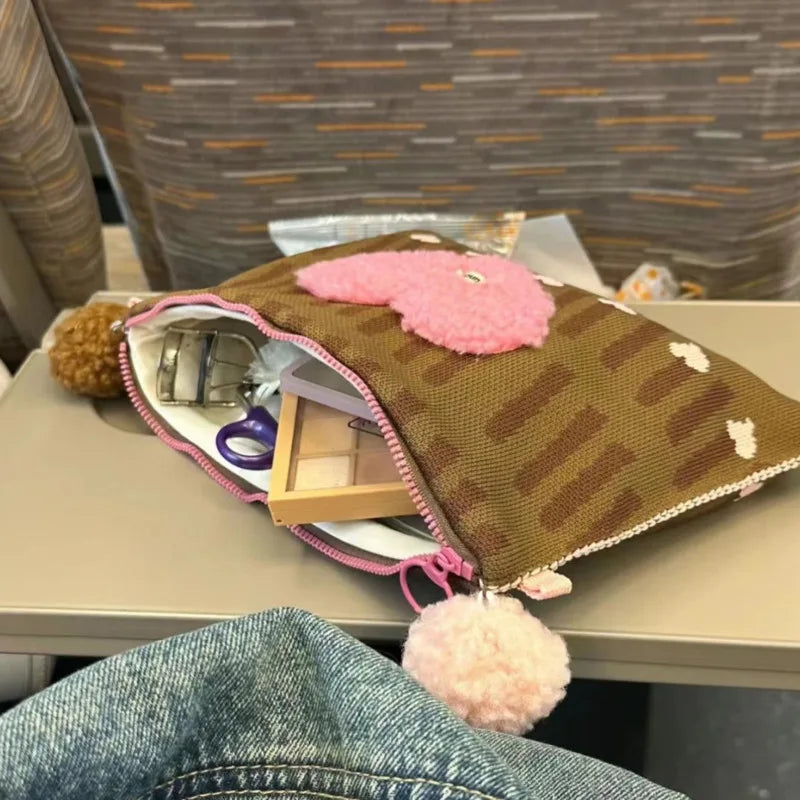 Plush Heart Kawaii Square Makeup Bag Zipper Large Capacity Chic Storage Bag Korean Casual Travel Cosmetic Bag Women's Clutch Bag