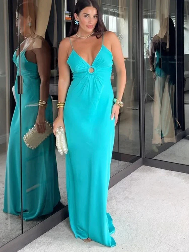 Sexy Satin Deep V Neck Hollow Out slim Long Dress Women Fashion backless High Waist Pleated Sling Robes 2024 Lady Party Vestidos