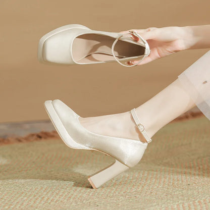 Velvet Shoes Med Square Toe Block Heels High Heeled Sandals Woman Mary Jane Espadrilles Platform Suede Medium Wedding Chunk