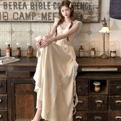 Summer New Vintage Design Off-Shoulder Dresses Elegant Lace Splice Fitted Hollow Out Strap Dress Evening Gown Women Outfits