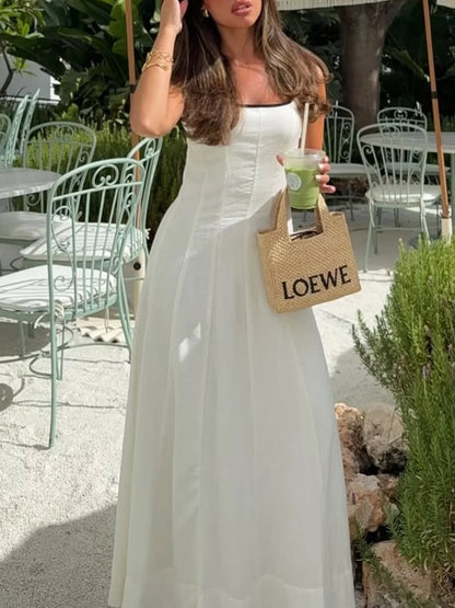 Women's Summer Commuter Simple Casual Midi Dress Sleeveless Square Neck Open Back Side Zipper Bright Line Women's Elegant Dress