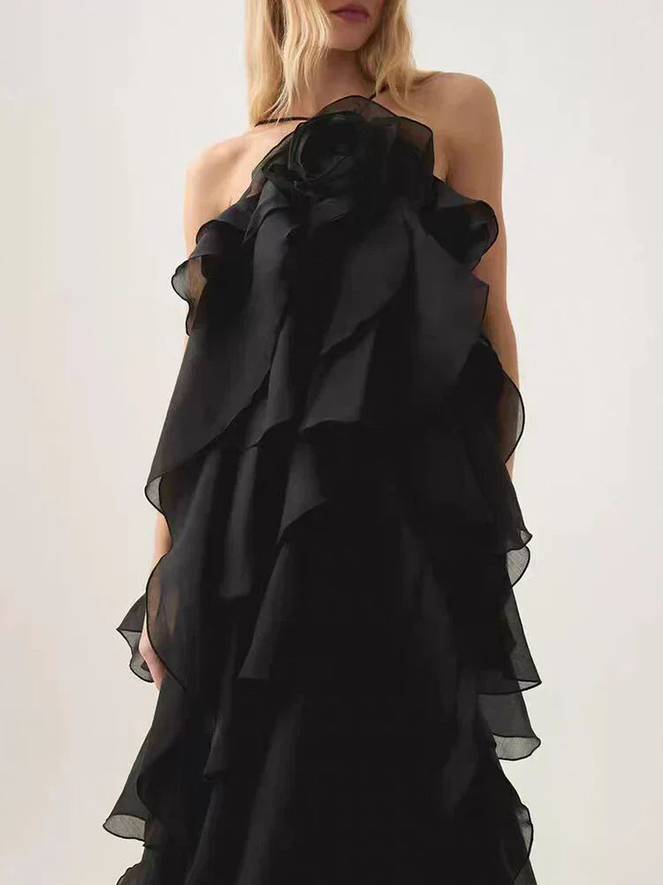 Halter Tiered Ruffle Cascading Flounce Maxi Gown