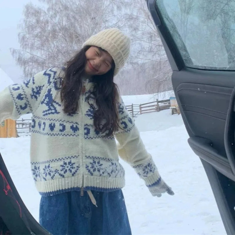 Vintage Autumn Winter Skiing Christmas Tree Sweater Women Loose Double Zipper Knit Cardigans European Elegant Jacket Outerwear