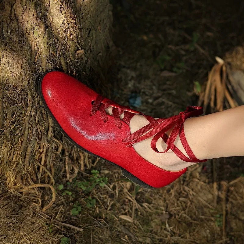 Women Basic Flats Real Leather Comfort Flats Round Toe Woman Lace-Up Daily Flats British Style Cowhide Retro Oxfords