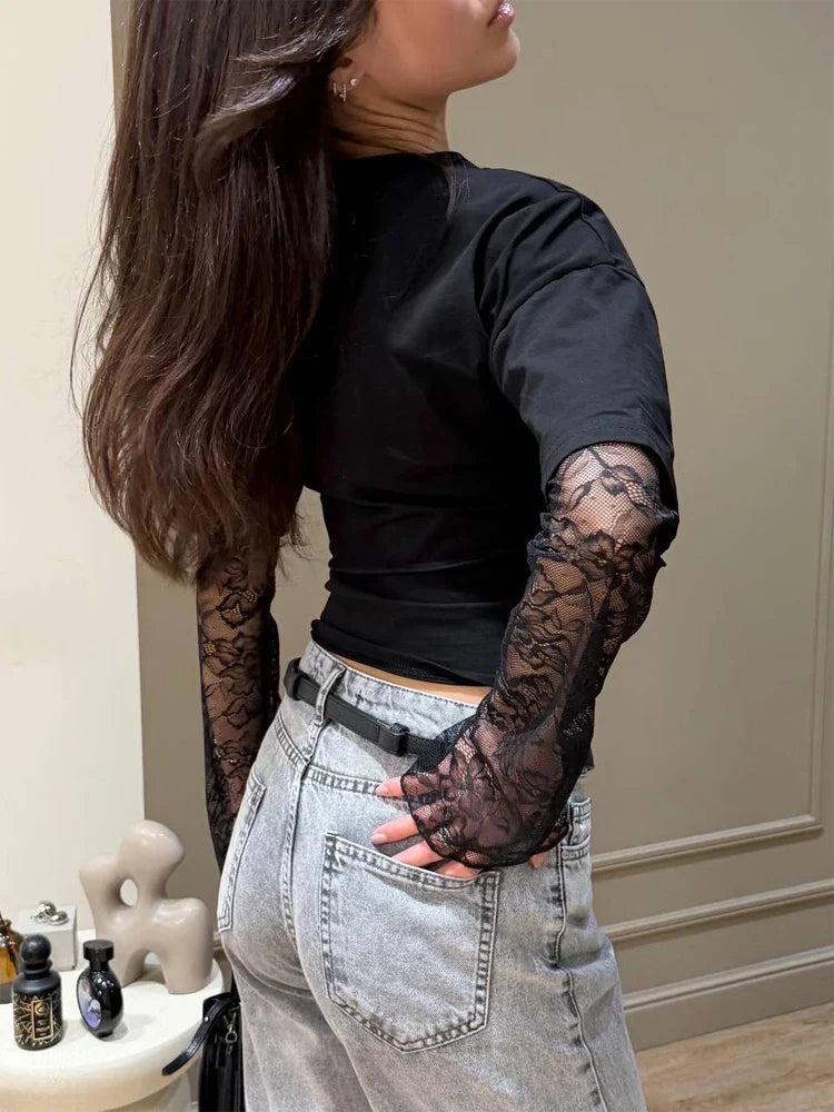 Women Solid Color Layered Lace Long Sleeve T Shirt Round Neck Patchwork Sheer Slim Fit Elegant Sexy Casual Summer Lady Top