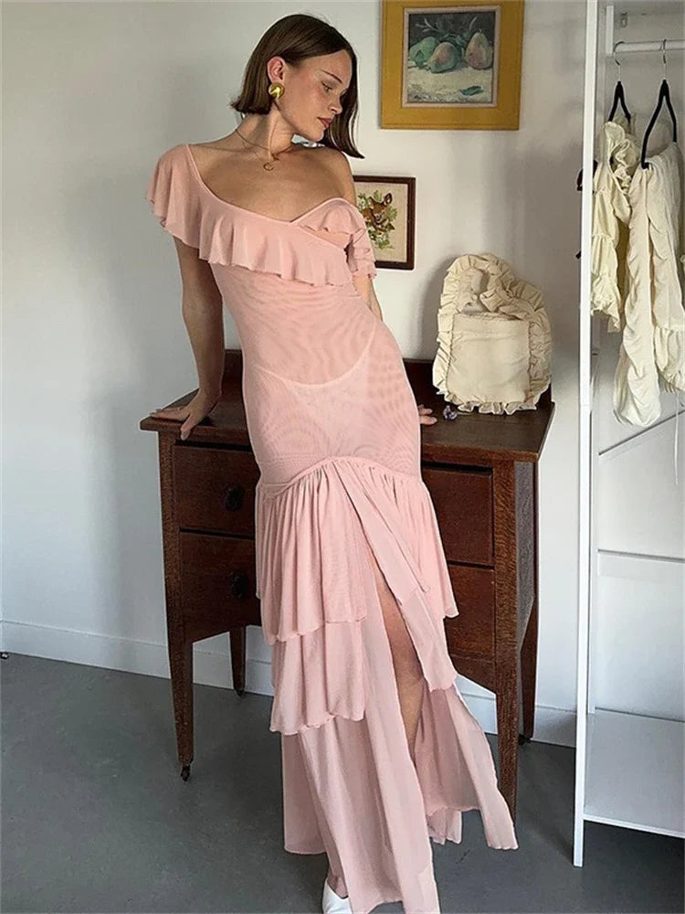 Mesh Patckwork Ruffled Edge Tank Maxi Dress Women V-neck Backless Irregular Waist Cinching Slim Long Dress Party Clubwear