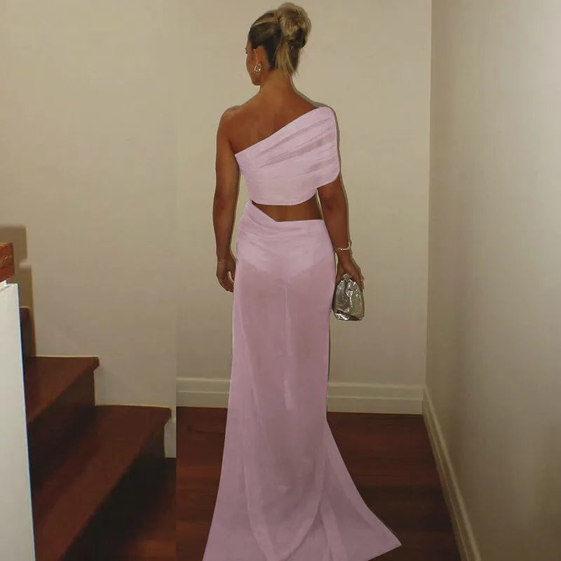 One Shoulder Mesh Draped Crop Top High Slit Maxi Skirt Set