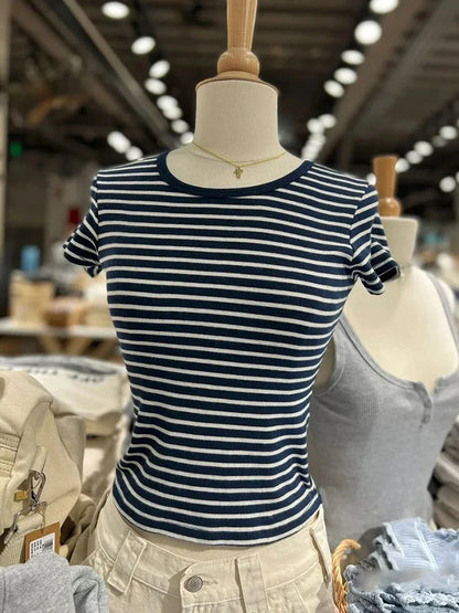 Vintage Striped Slim T-Shirt Women Round Neck Short Sleeve Cotton Tshirt Tops Femme Casual Streetwear Y2k Crop Top Summer Tees