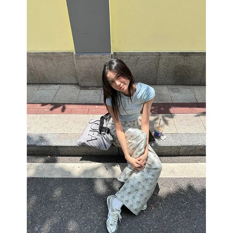 Y2k Vintage Baggy Pants Woman America Retro Casual Wide Leg Bow Print Trousers Sweet Harajuku High Street Pantalones
