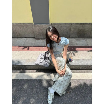 Y2k Vintage Baggy Pants Woman America Retro Casual Wide Leg Bow Print Trousers Sweet Harajuku High Street Pantalones