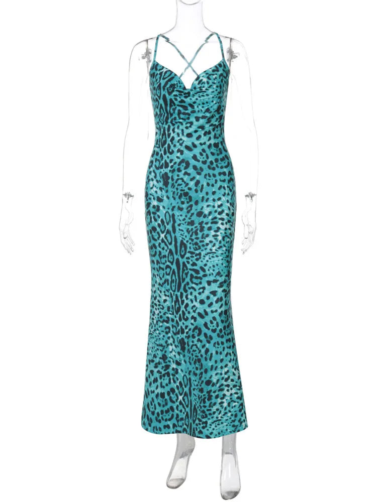 Spaghetti Strap Cowl Neck Print Bodycon Maxi Dress