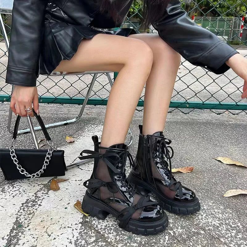 Summer Patent Leather Bowknot Cool Boots Women Hollow Out Platform Ankle Boots Woman Meah Thick Sole Booties Mujer