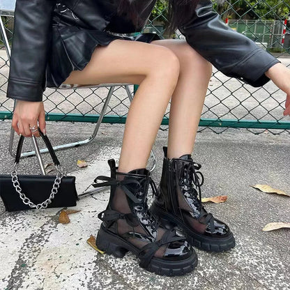 Summer Patent Leather Bowknot Cool Boots Women Hollow Out Platform Ankle Boots Woman Meah Thick Sole Booties Mujer