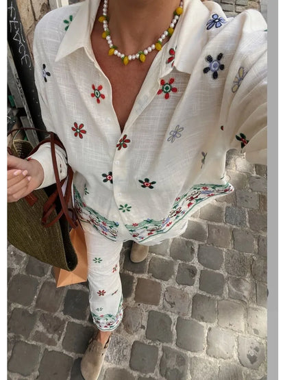 Holiday Embroidery Floral Shirts Women Blouses Suit Tops Two Piece Sets with Button 2024 Summer Vintage Elegant Woman Pant Suit