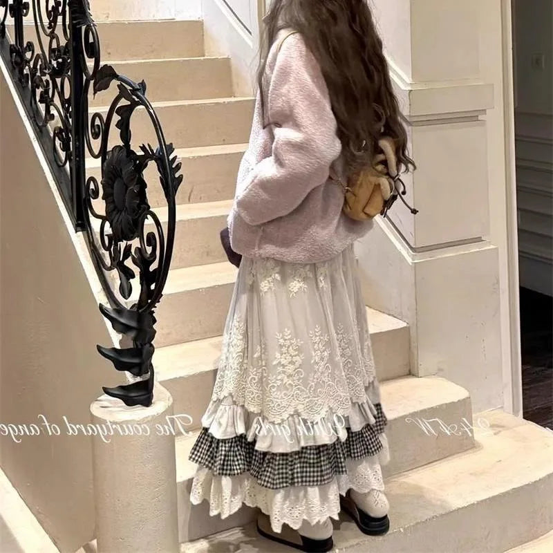 Japanese Vintage Sweet Y2k Mid-length Patchwork Skirt for Women Winter All-match A-line Faldas Mujer Moda Kawaii Skirt