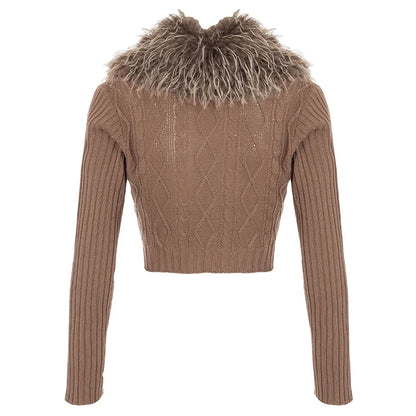 Y2K Brown Buttons Crop Sweater with Detachable Fur Collar Autumn Vintage 2000s Knitted Cardigan Slim Winter Outfits