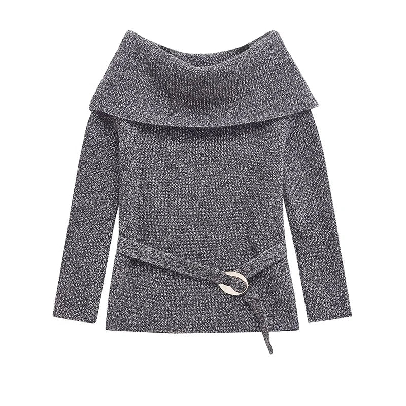High Street Women Sexy Off Shoulder Knit Sweater Long Sleeve With Belt Slim Gray Pullover Female Autumn Winter Knitwear