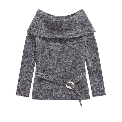 High Street Women Sexy Off Shoulder Knit Sweater Long Sleeve With Belt Slim Gray Pullover Female Autumn Winter Knitwear