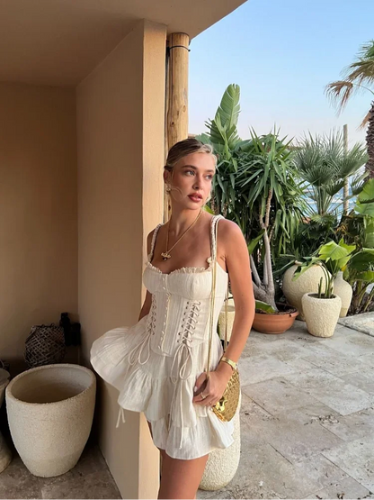Women Sexy Backless Sleeveless Layer Ruffles Hem Dresses Bandage Chest Wrapped A-line Mini Dress Summer Lady Vacation Beach Wear