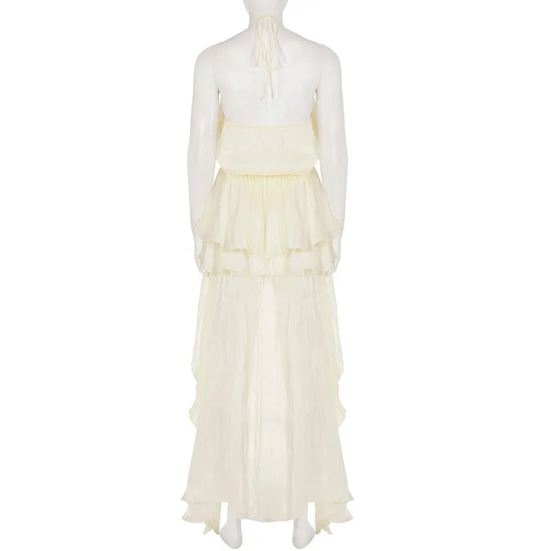 Romantic Necklace Women's Maxi Dress Backless Ruffle Shiny Elegant Luxury Wedding Party Evening Gala Female Summer Dress