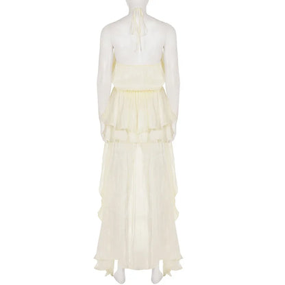 Romantic Necklace Women's Maxi Dress Backless Ruffle Shiny Elegant Luxury Wedding Party Evening Gala Female Summer Dress