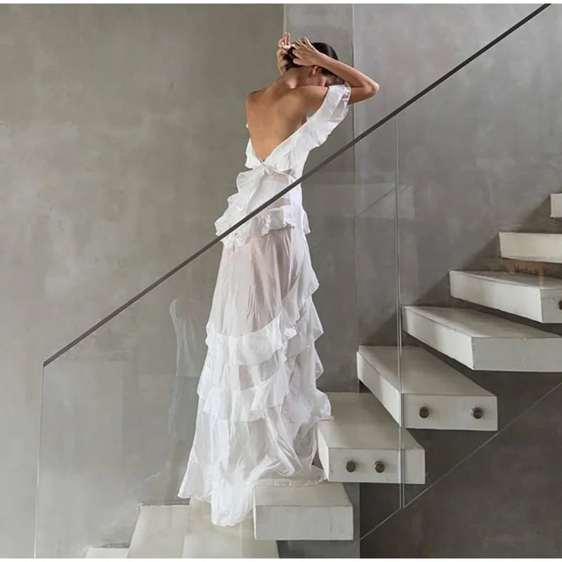 Chic Ruffle Backless Dress Women Slash Neck Sleeveless Lace Up Irregular Hem Floor-length Dresses Female 2025 Spring Lady Robe