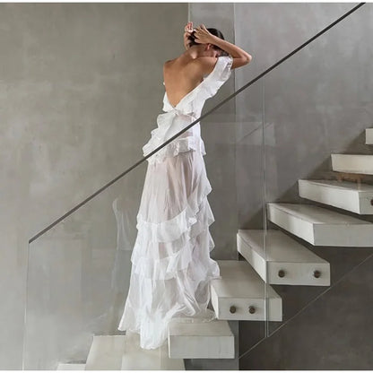 Chic Ruffle Backless Dress Women Slash Neck Sleeveless Lace Up Irregular Hem Floor-length Dresses Female 2025 Spring Lady Robe