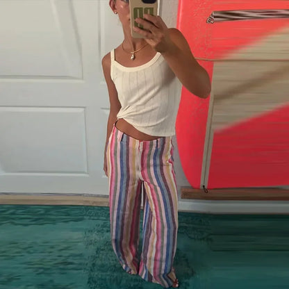 Casual Colorful Striped Women's Pants Loose Zipper Pockets High Waist Wide Leg Trousers Spring Summer Lady All-match Pant