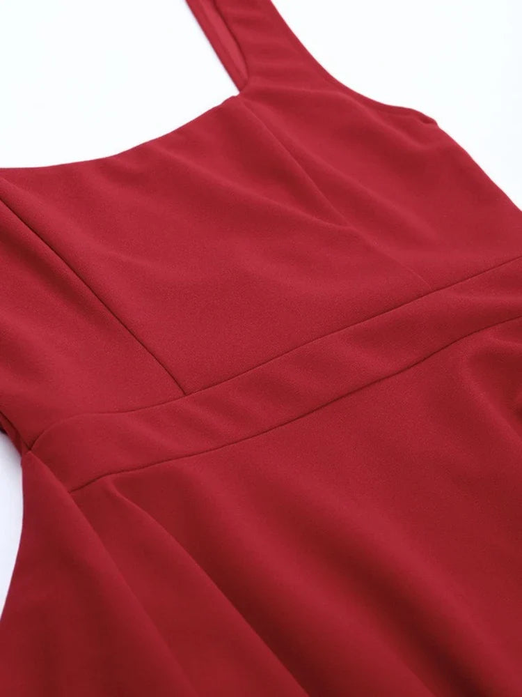 Women's Red Backless Mini Dress Summer Fashion Square Neck Sleeveless High Waist A Line Short Summer Elegant Tank Dress